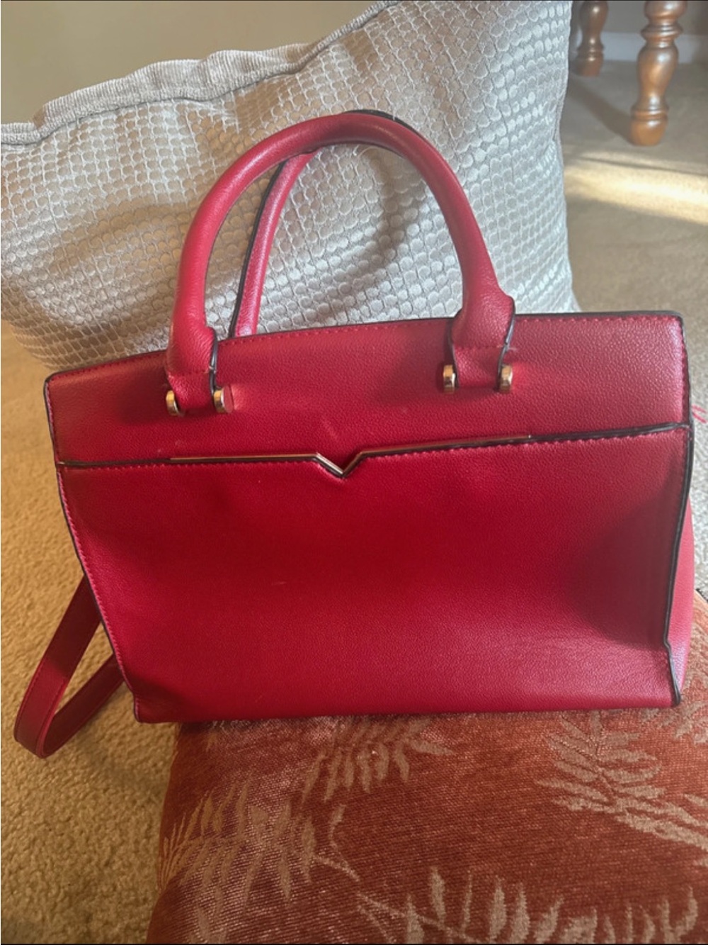 Elegant Red Structured Satchel Bag with Gold Accents